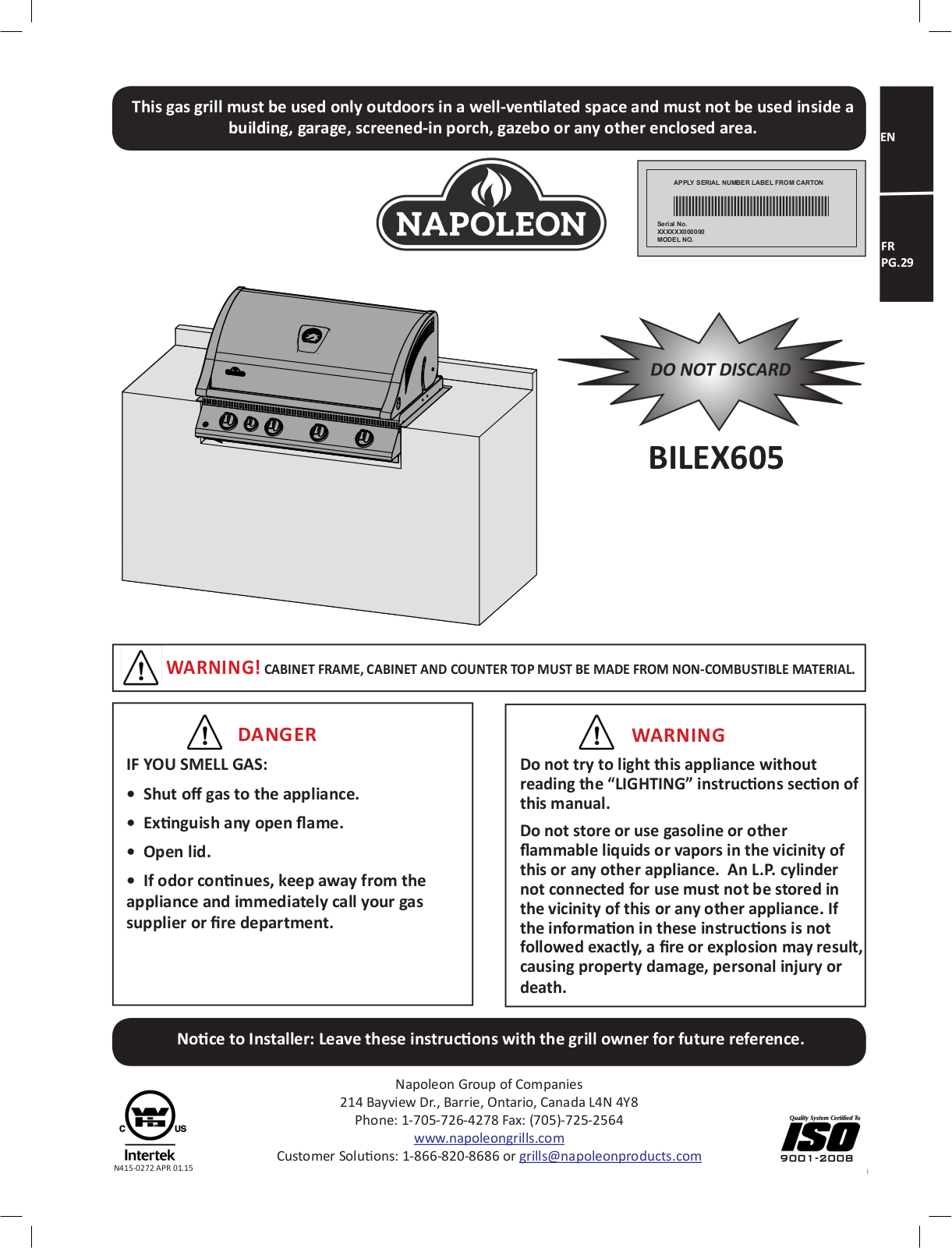 Napoleon BILEX605RBINSS Owners Manual