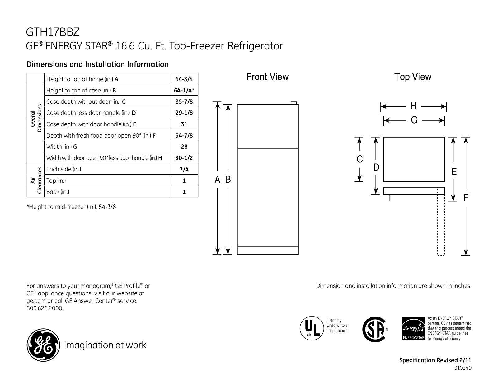 GE GTH17BBZ Specification