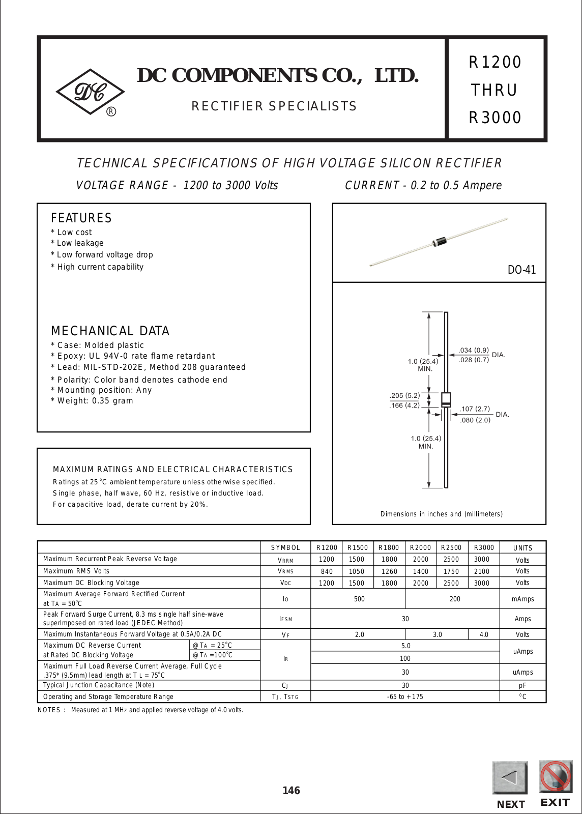 DC COMPONENTS R1200, R1800, R1500, R2000, R2500 Datasheet