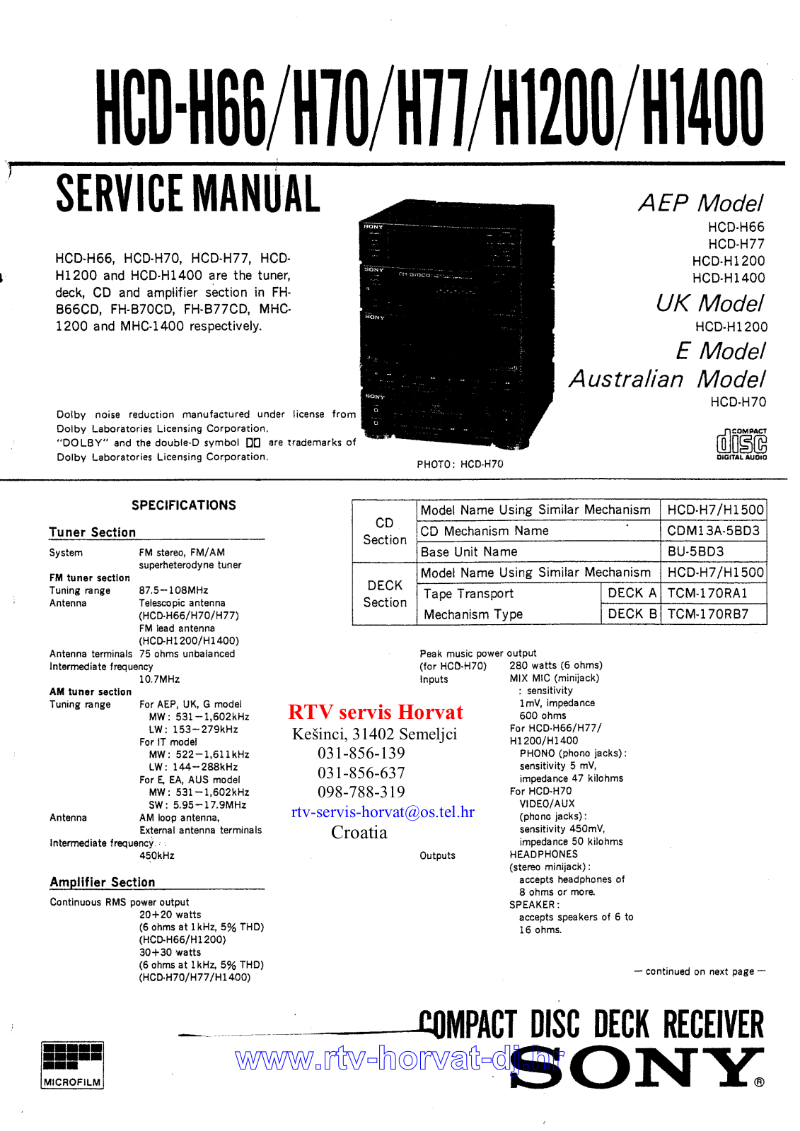 Sony HCD H66, HCD-H70, HCD- H77, HCD- H1200, HCD- H1400 Service Manual
