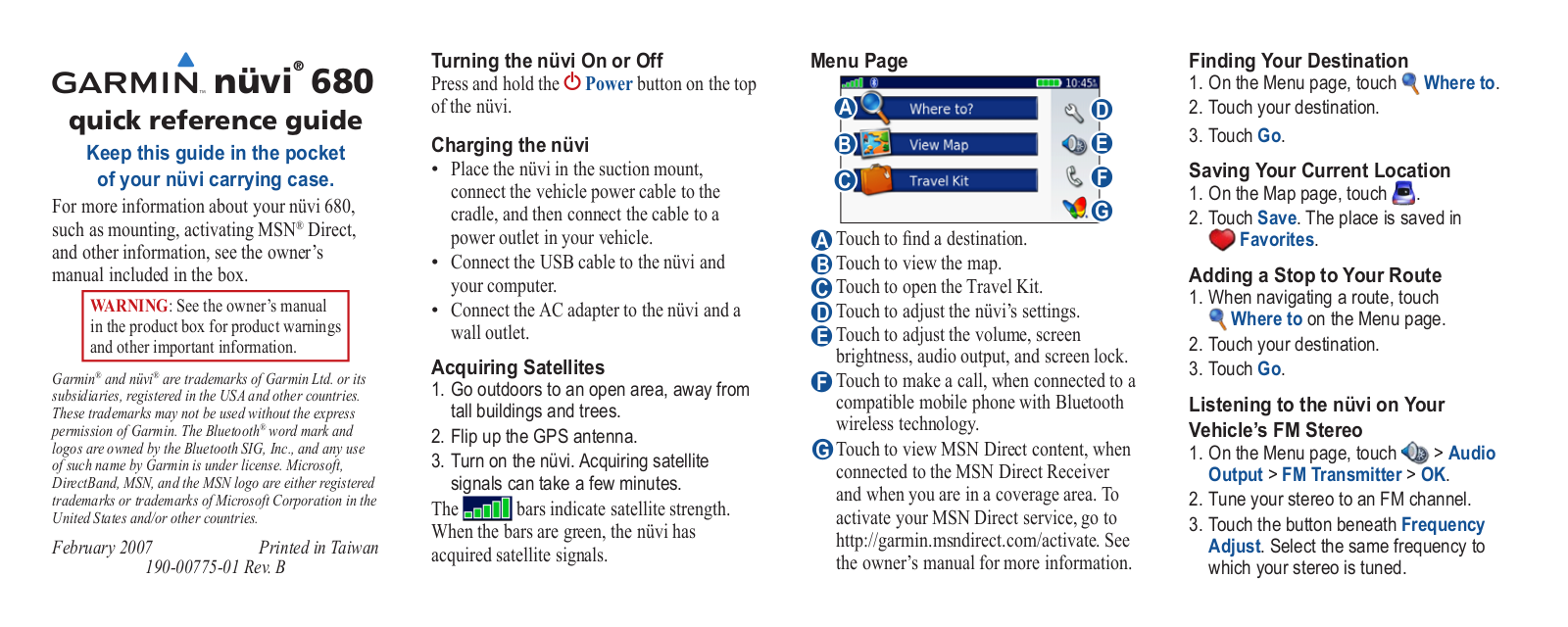 Garmin NUVI 680 quick reference guide