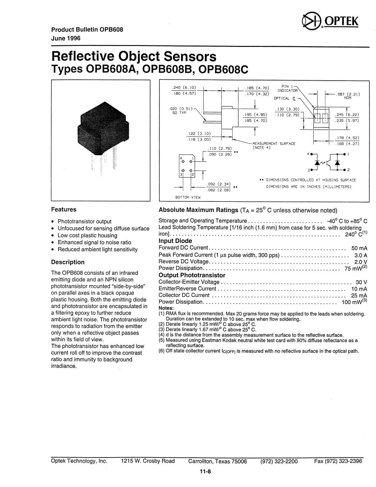 OPTEK OPB608A, OPB608B, OPB608C Datasheet