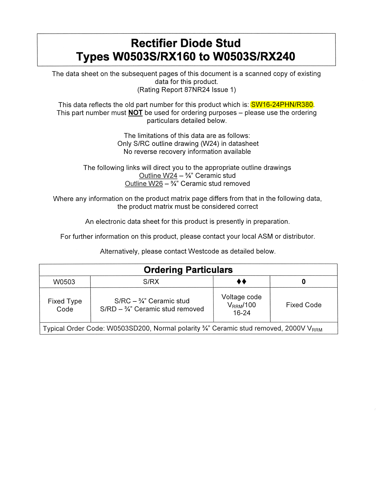 Datasheet W0503S160, W0503S240, W0503RX160, W0503RX240 Datasheet (Westcode Semiconductors) - ManualMachine.com