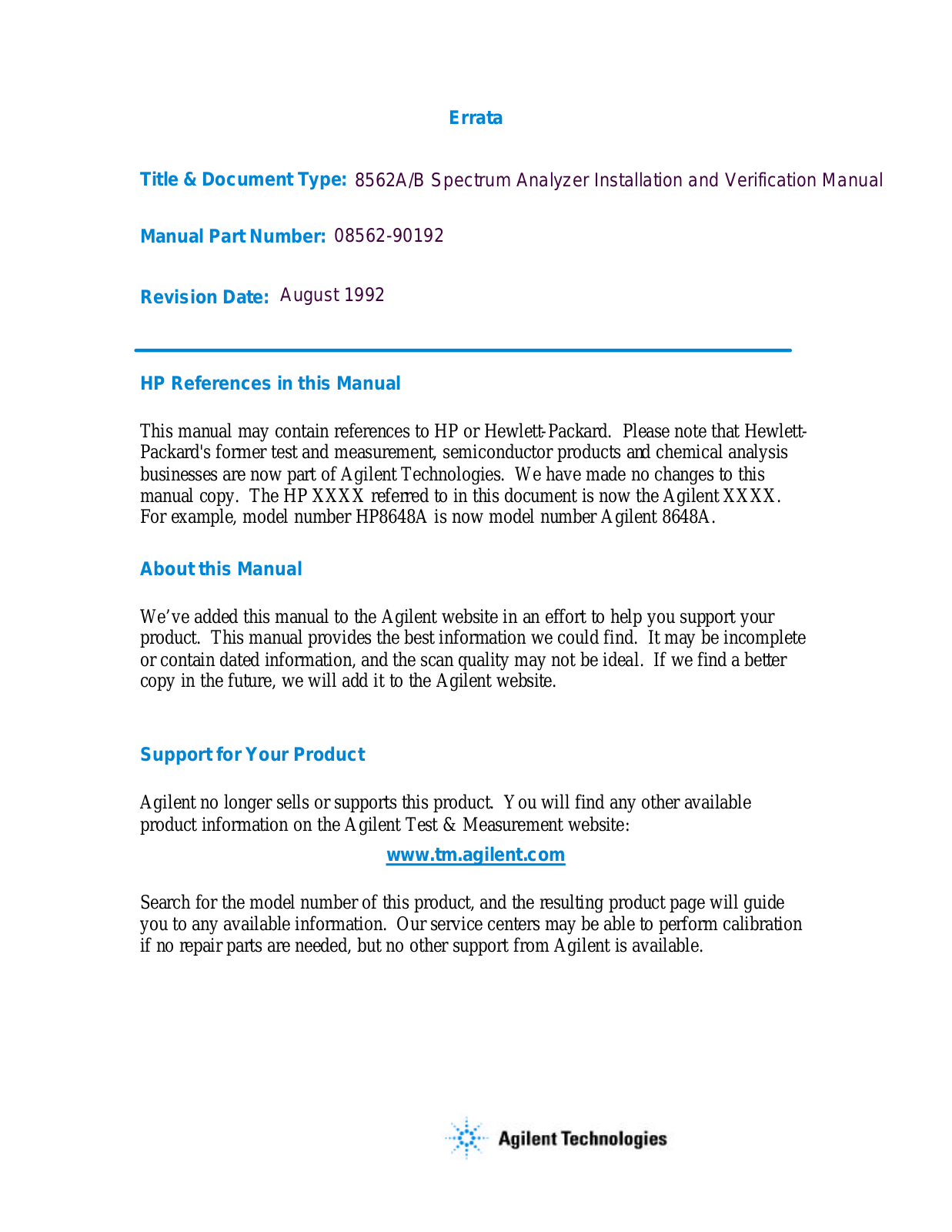 Keysight (Agilent) 8562A Installation and Verification Manual