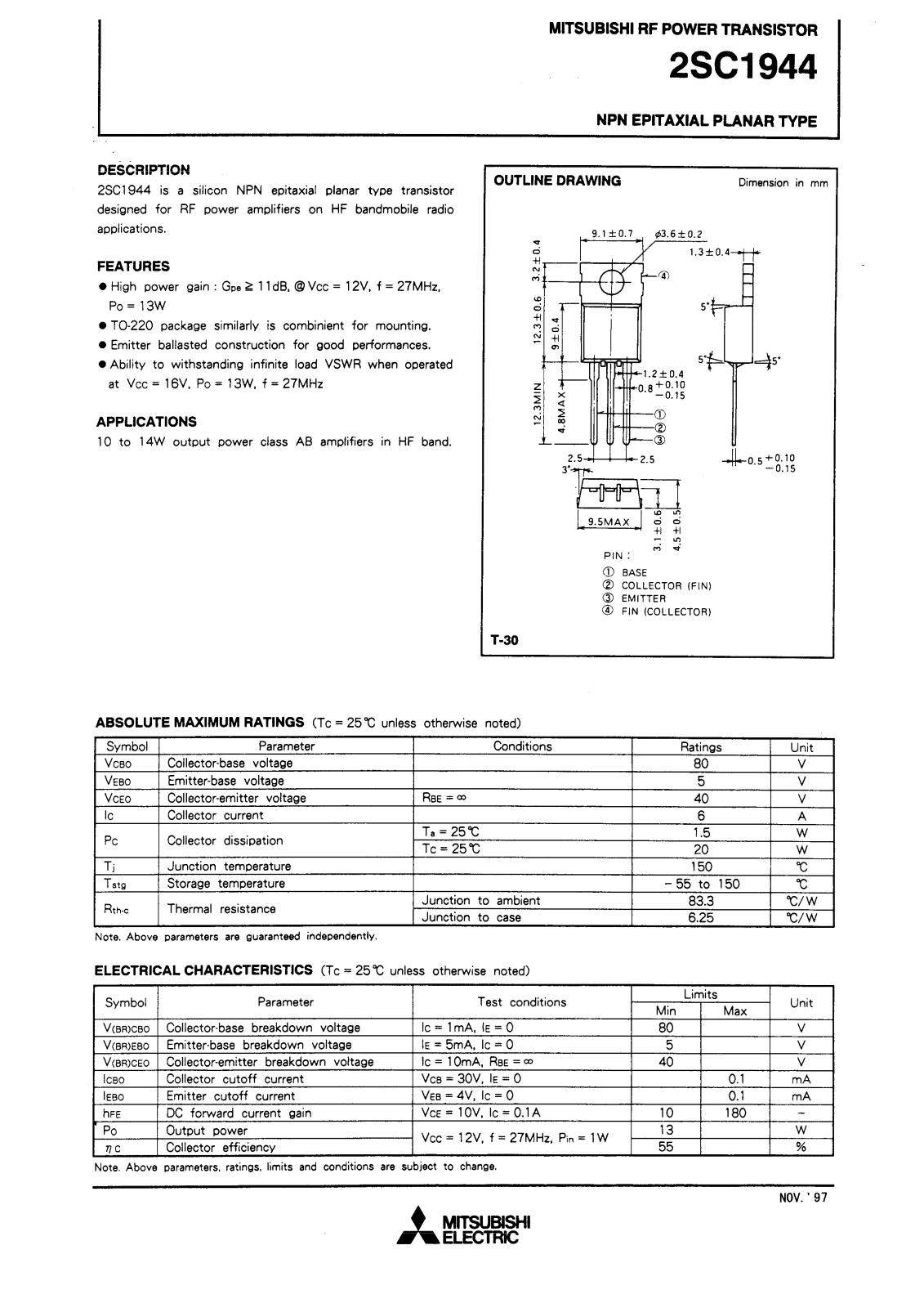 Mitsubishi Electric Corporation Semiconductor Group 2SC1944 Datasheet