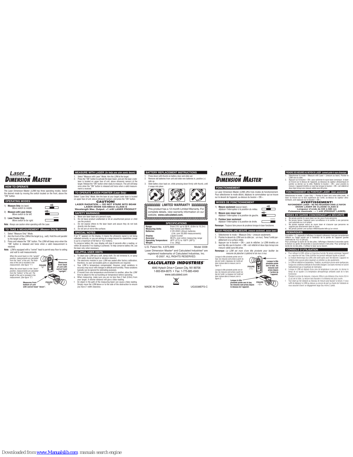 Calculated Industries Laser Dimension, Laser Dimension Master 3338 Master User Manual