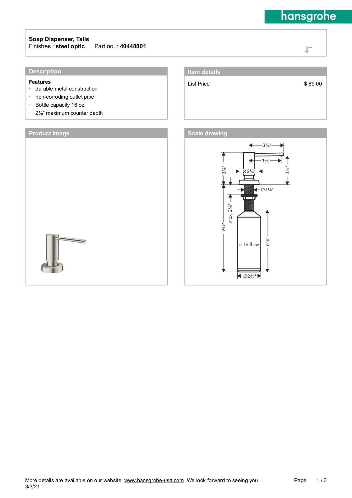 Hansgrohe 40448801 Specification Sheet