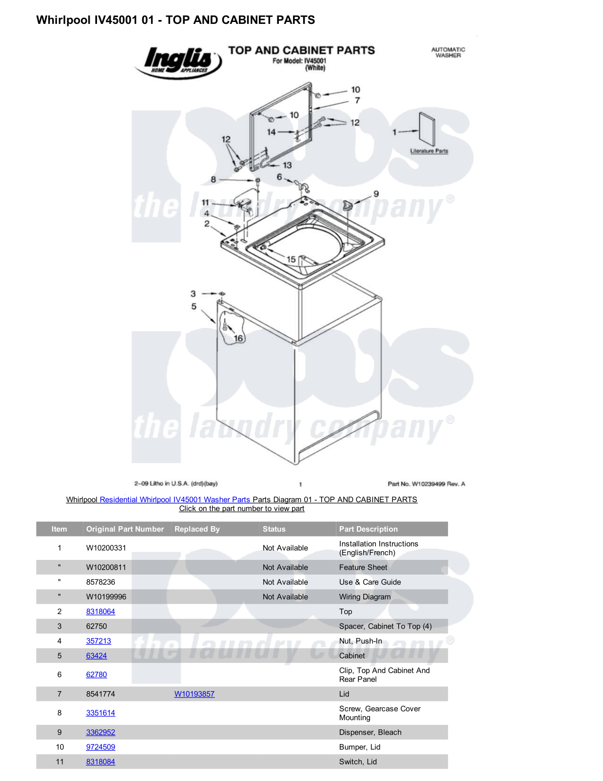 Whirlpool IV45001 Parts Diagram