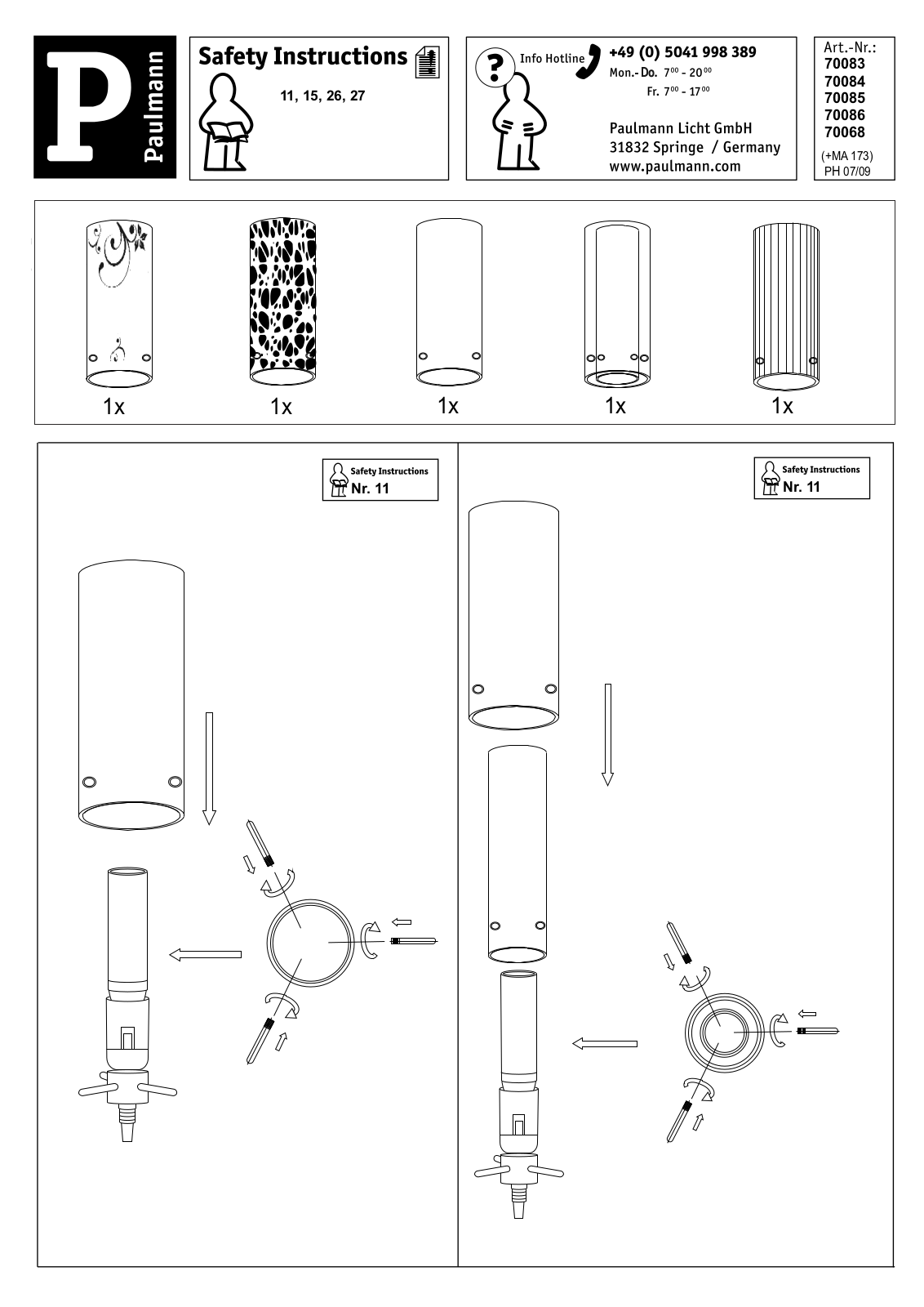 Paulmann 70083, 70084, 70085, 70086, 70068 Safety instructions