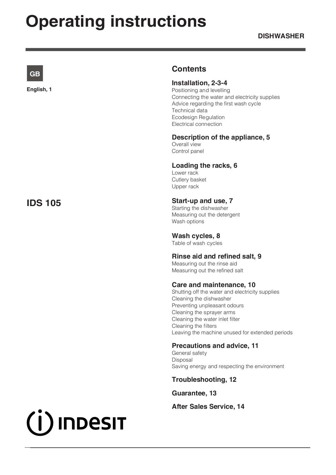 INDESIT IDS 105 S UK User Manual