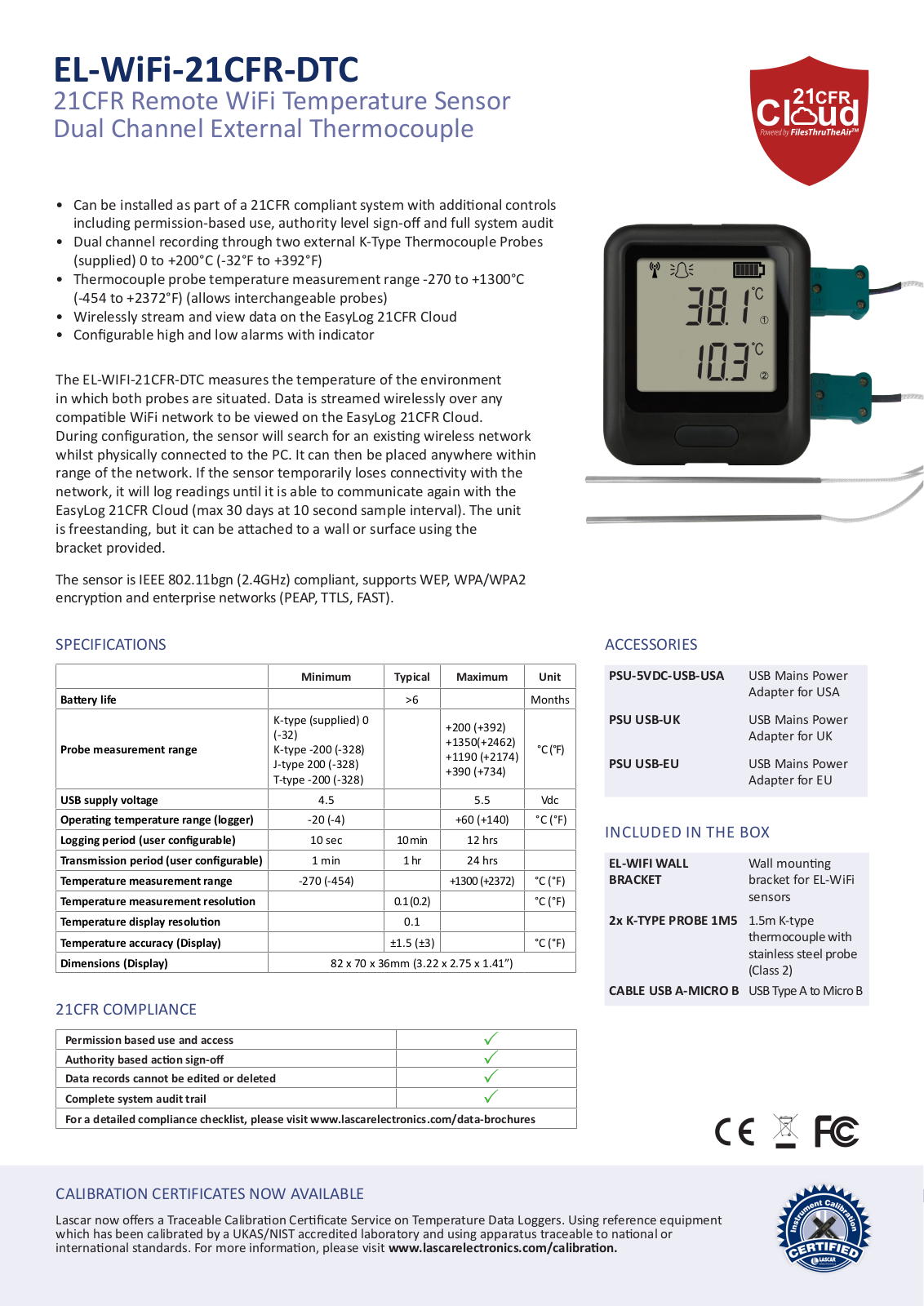 Lascar EL-WIFI-21CFR-DTC Data Sheet