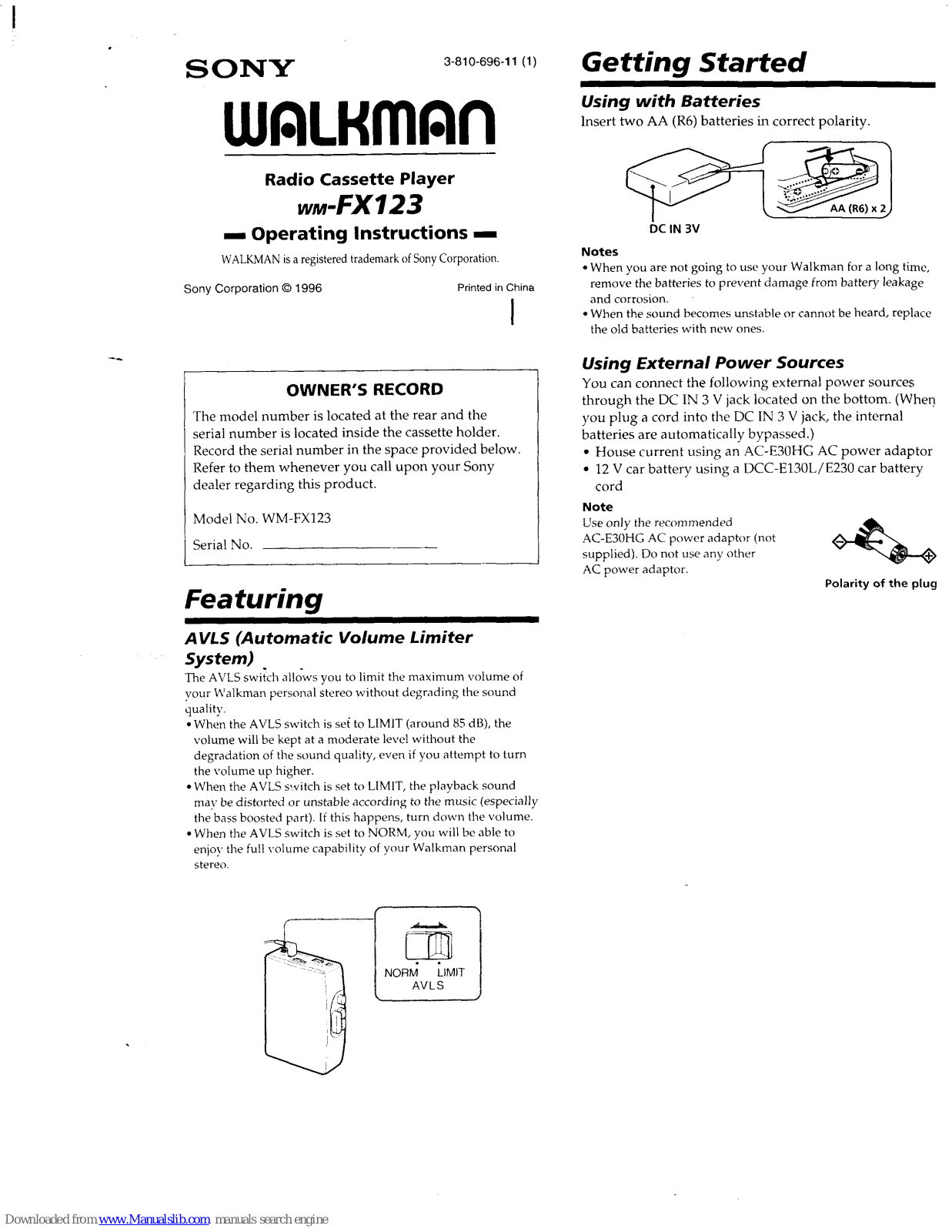 Sony WALKMAN WM-FX123 Operating Instructions Manual