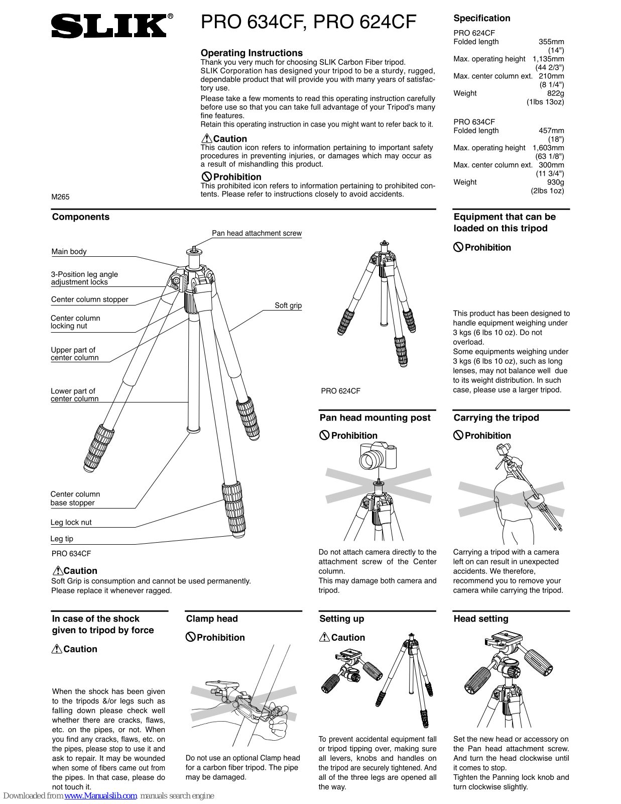 SLIK Pro 634CF, Pro 624CF Operating Instructions Manual - ManualMachine.com