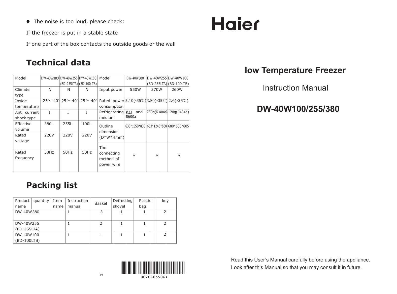 Haier DW-40W380, DW-40W100, DW-40W255 User Manual