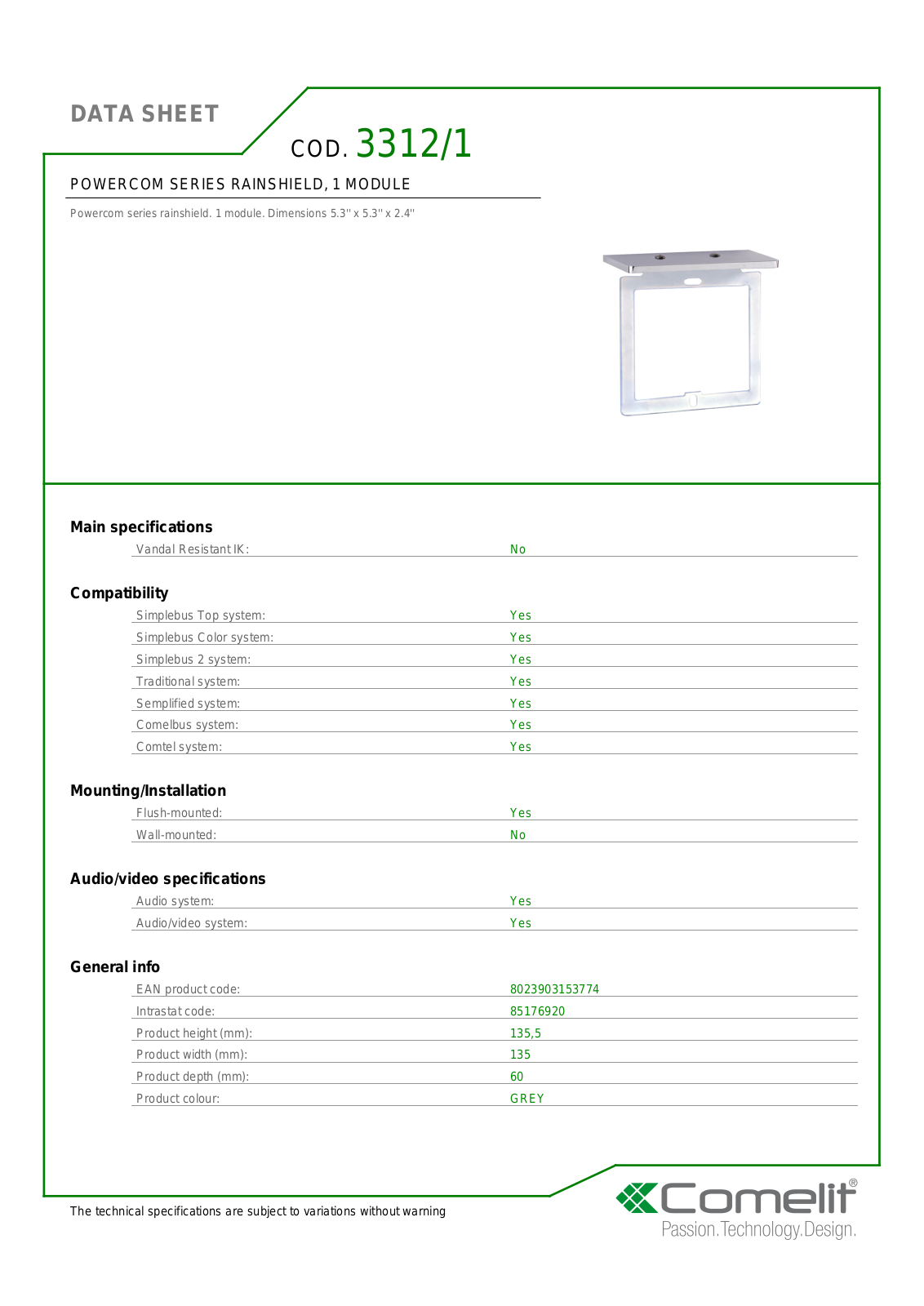 Comelit 3312-1 Specsheet