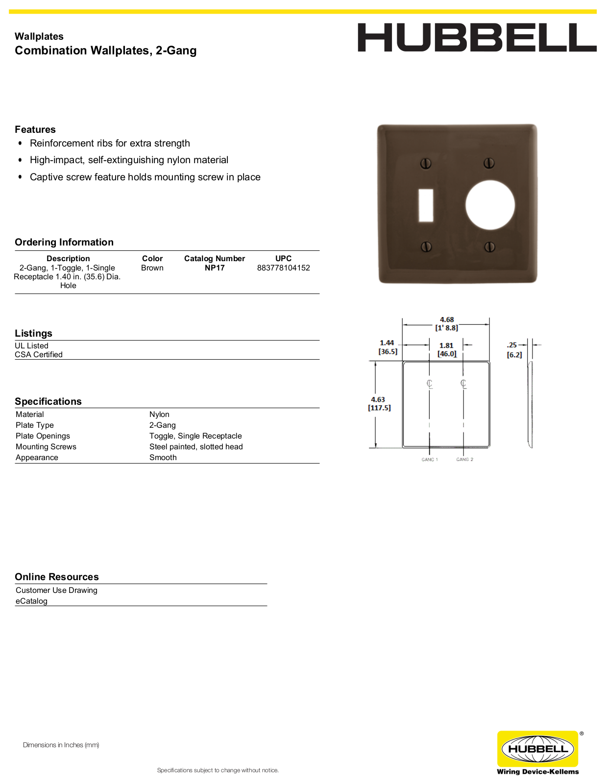 Hubbell NP17 Specifications