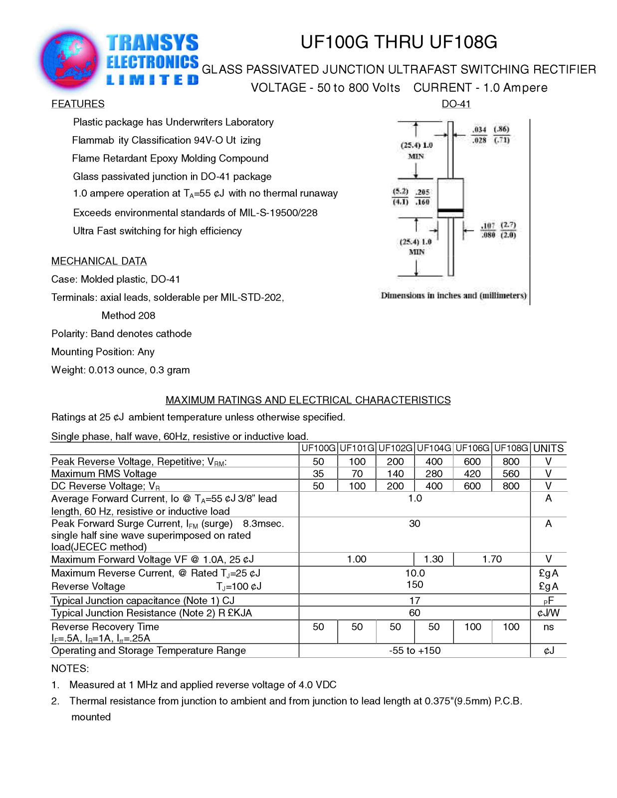 TEL UF106G, UF108G, UF102G, UF100G, UF104G Datasheet