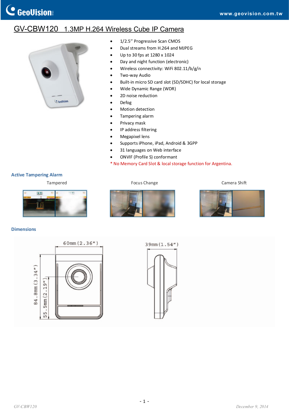 Geovision GV-CBW120 Specsheet