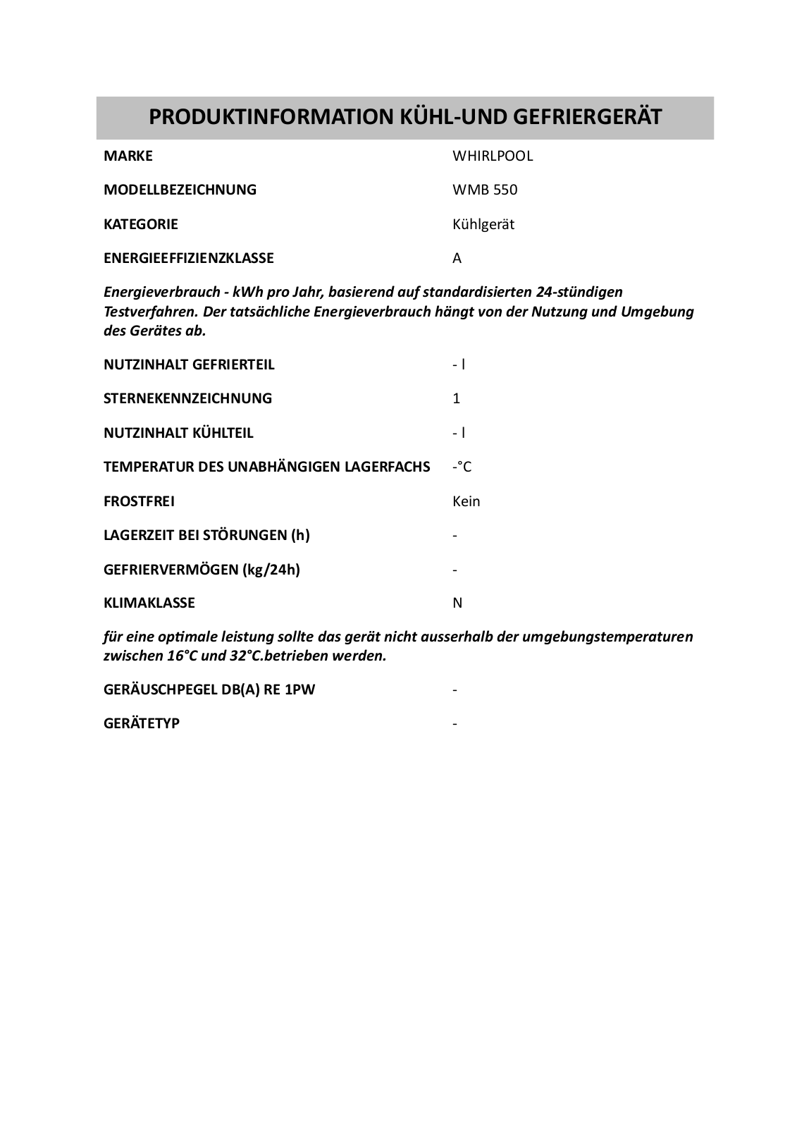 Whirlpool WMB 550 PRODUCT SHEET