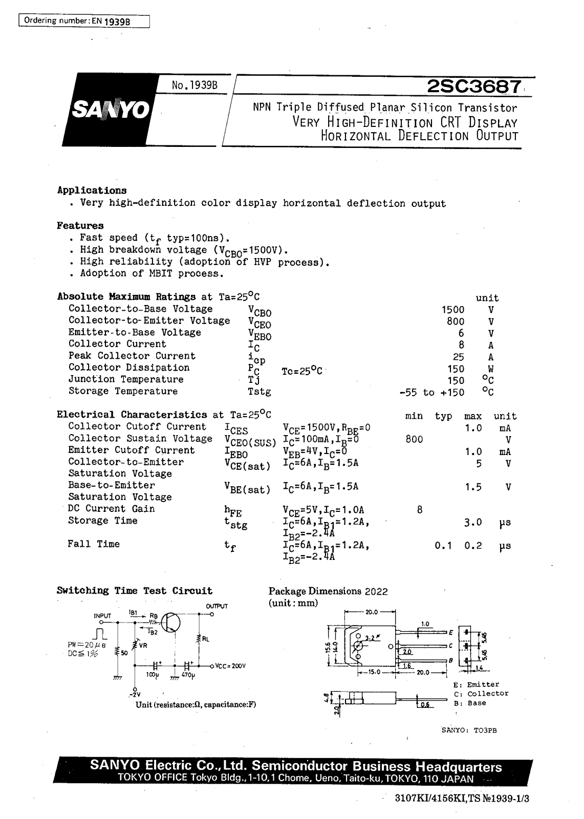 SANYO 2SC3687 Datasheet