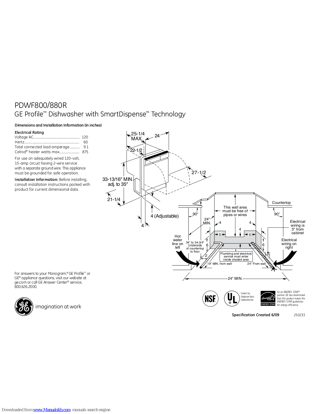 GE Profile PDWF580RSS, Profile PDWF800RBB, Profile PDWF800RWW, Profile PDWF880RSS, Profile PDWF800R Dimensions And Installation Information