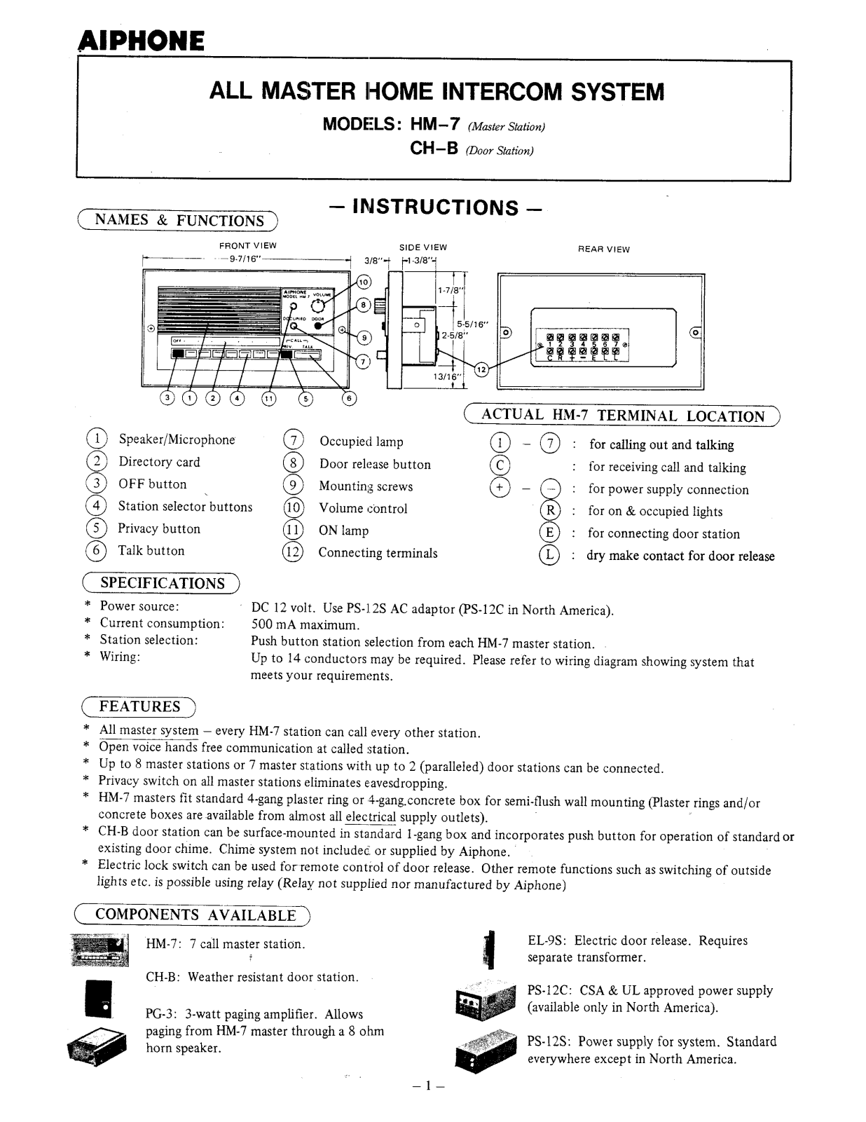 Aiphone HM-7 User Manual