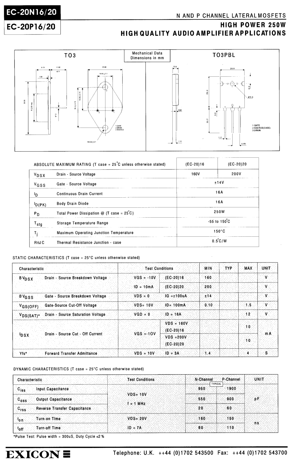 EXICO EC-20P20, EC-20P16, EC-20N20, EC-20N16 Datasheet