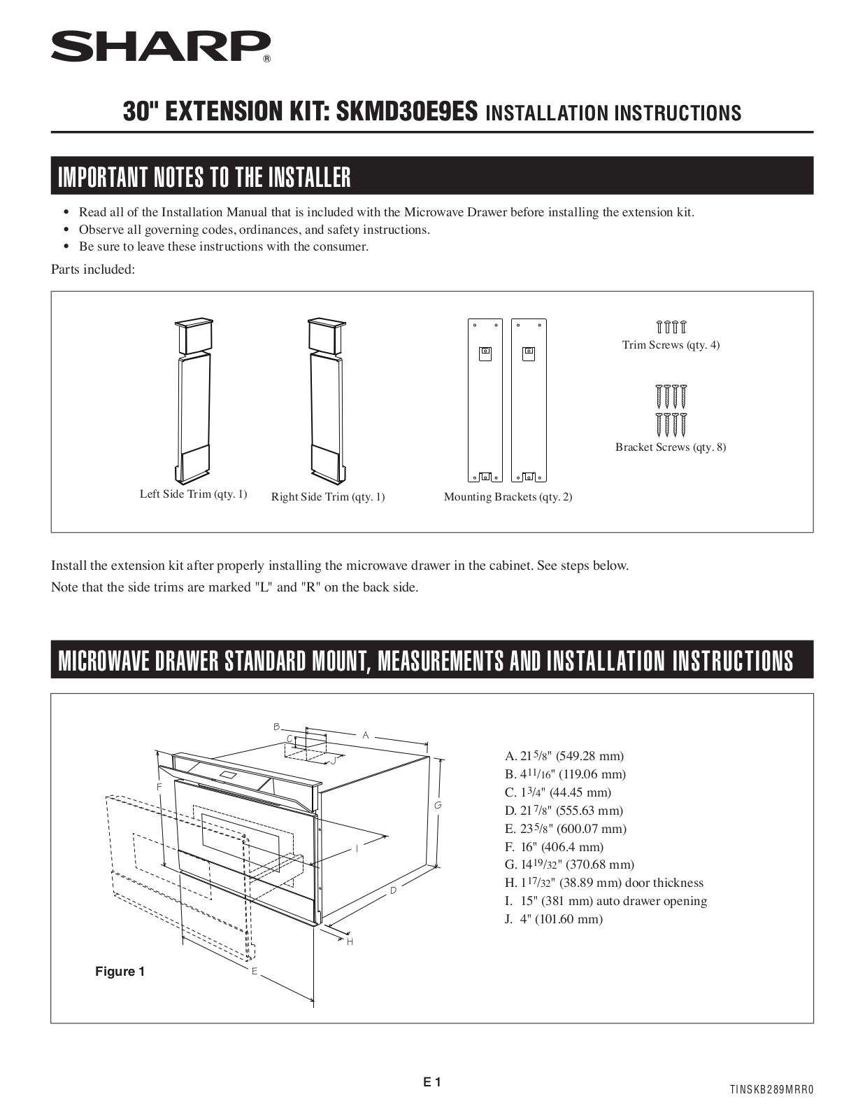 Sharp SKMD30E9ES Installation manual