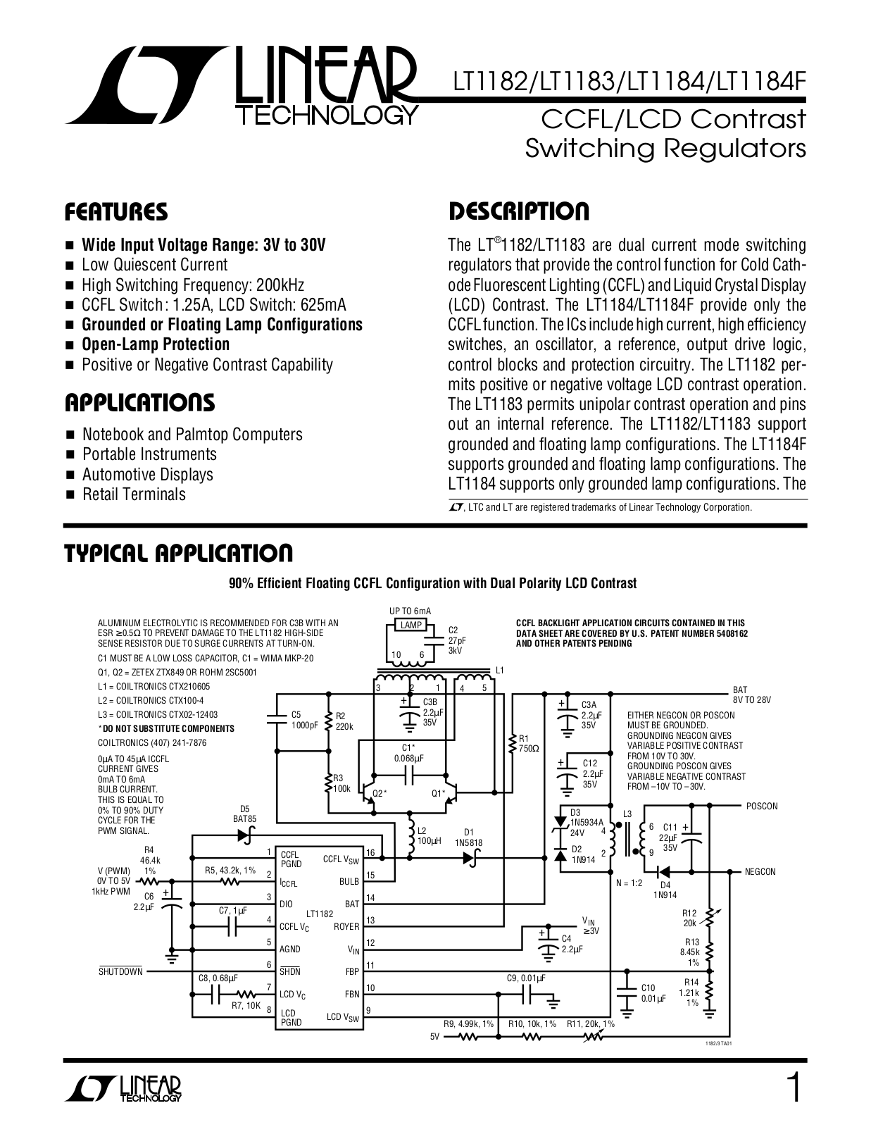 Linear Technology LT1184F, LT1184, LT1183, LT1182 Datasheet