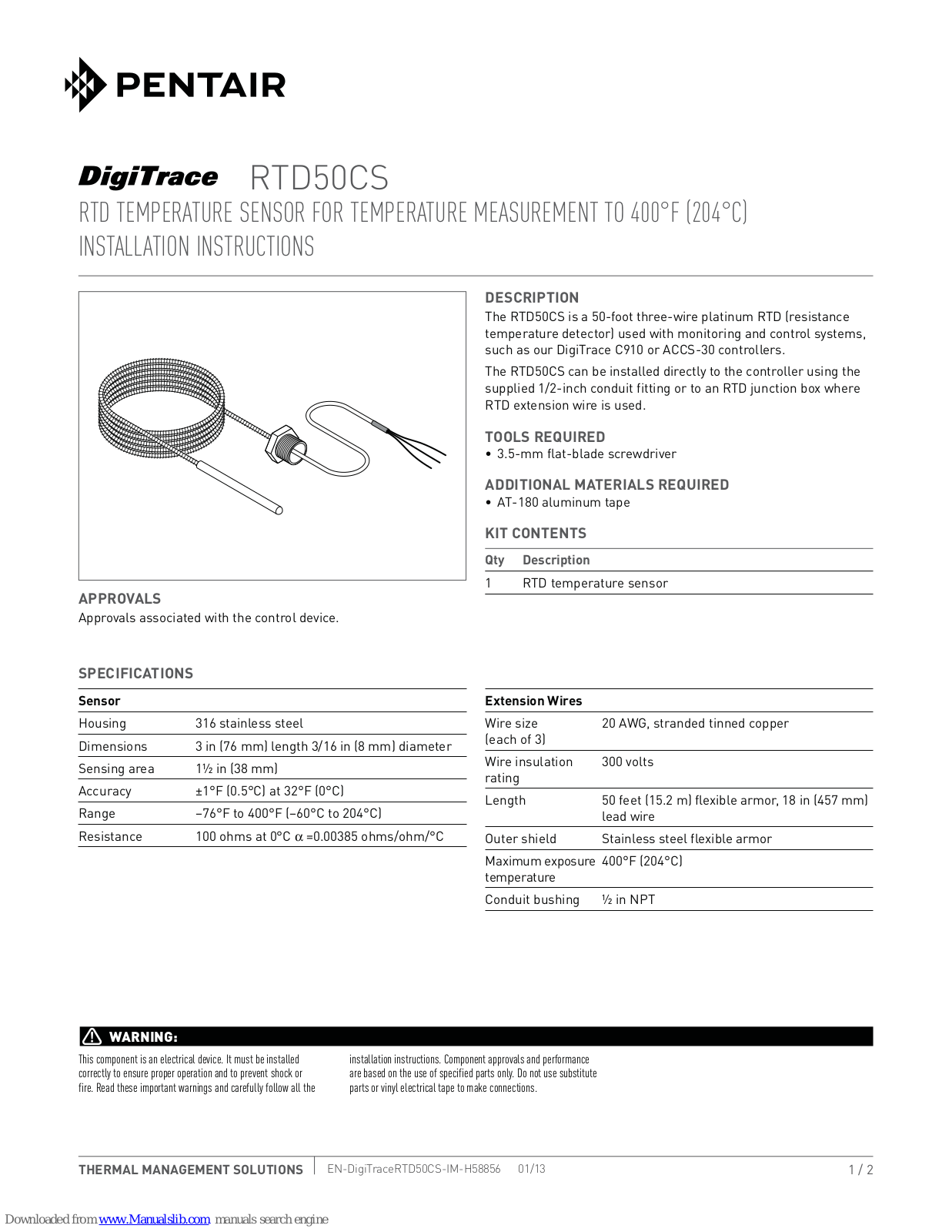 Pentair DigiTrace RTD50CS Installation Instructions Manual