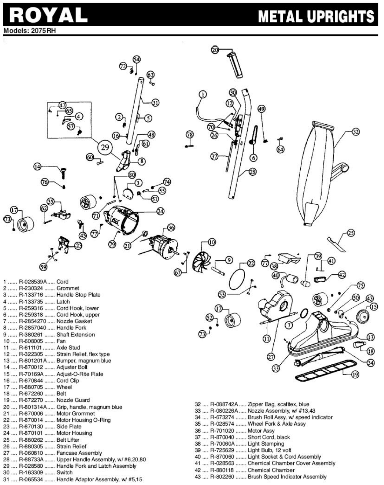 Royal 2075rh Parts List