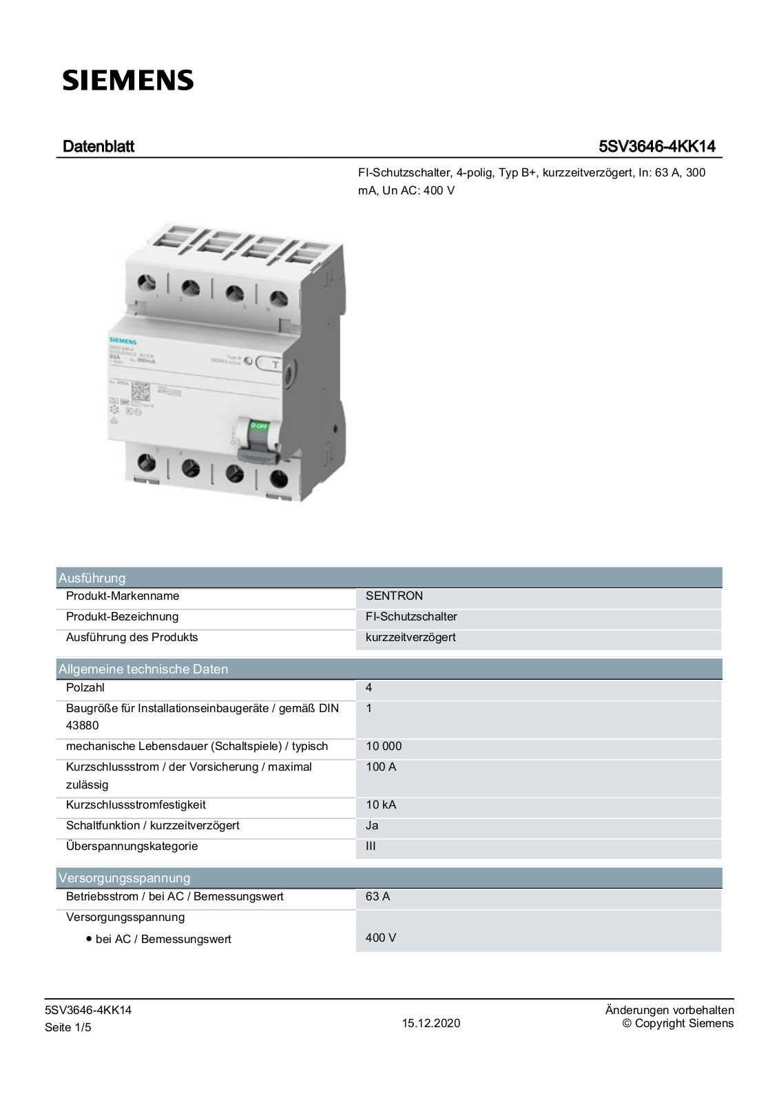 Siemens 5SV3646-4KK14 Datenblatt
