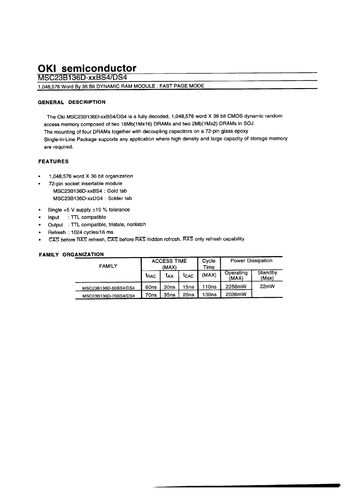 OKI MSC23B136D-70BS4, MSC23B136D-60BS4, MSC23B136D-70DS4, MSC23B136D-60DS4 Datasheet