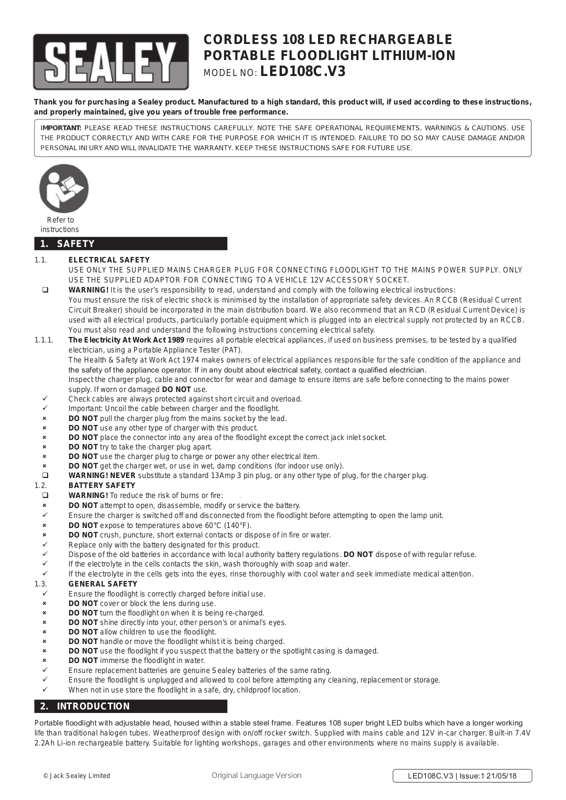 Sealey LED108C.V3 Instruction Booklet
