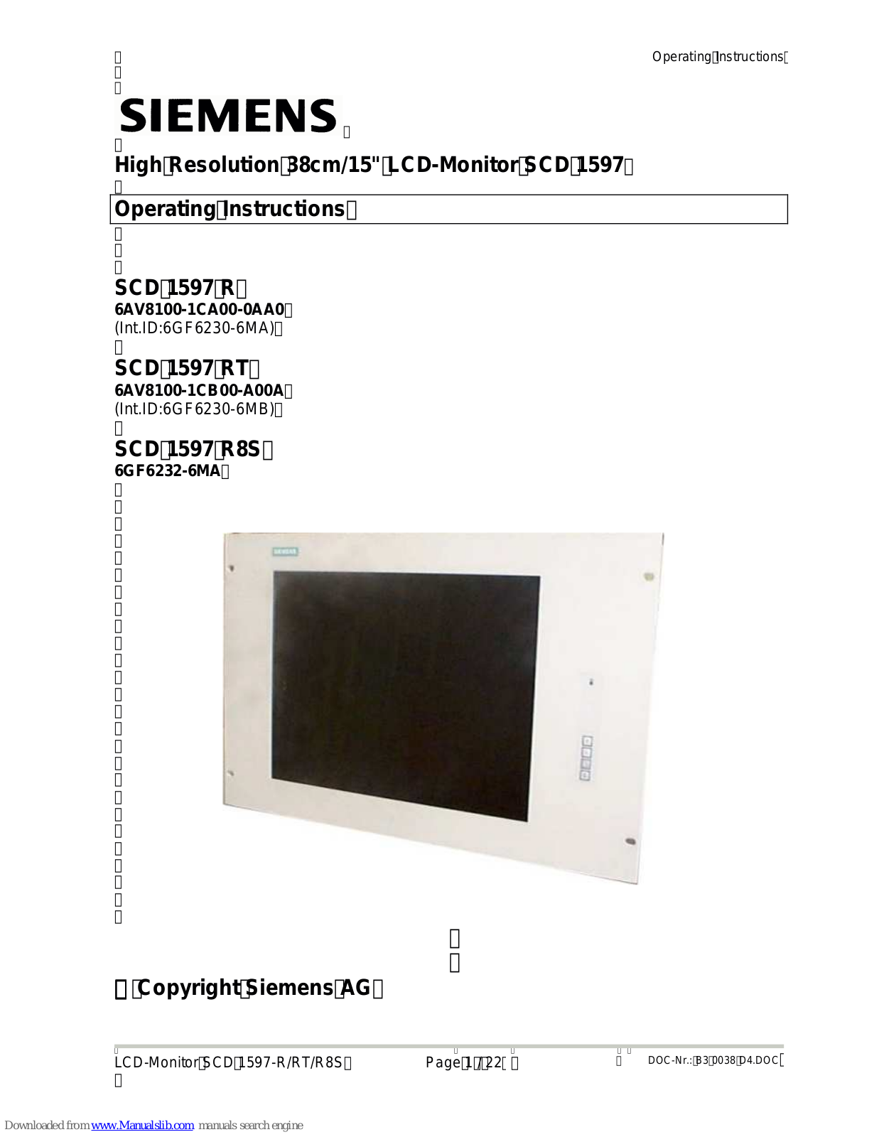 Siemens SCD 1597, SCD 1597 RT, SCD 1597 R8S, SCD 1597 R Operating Instructions Manual