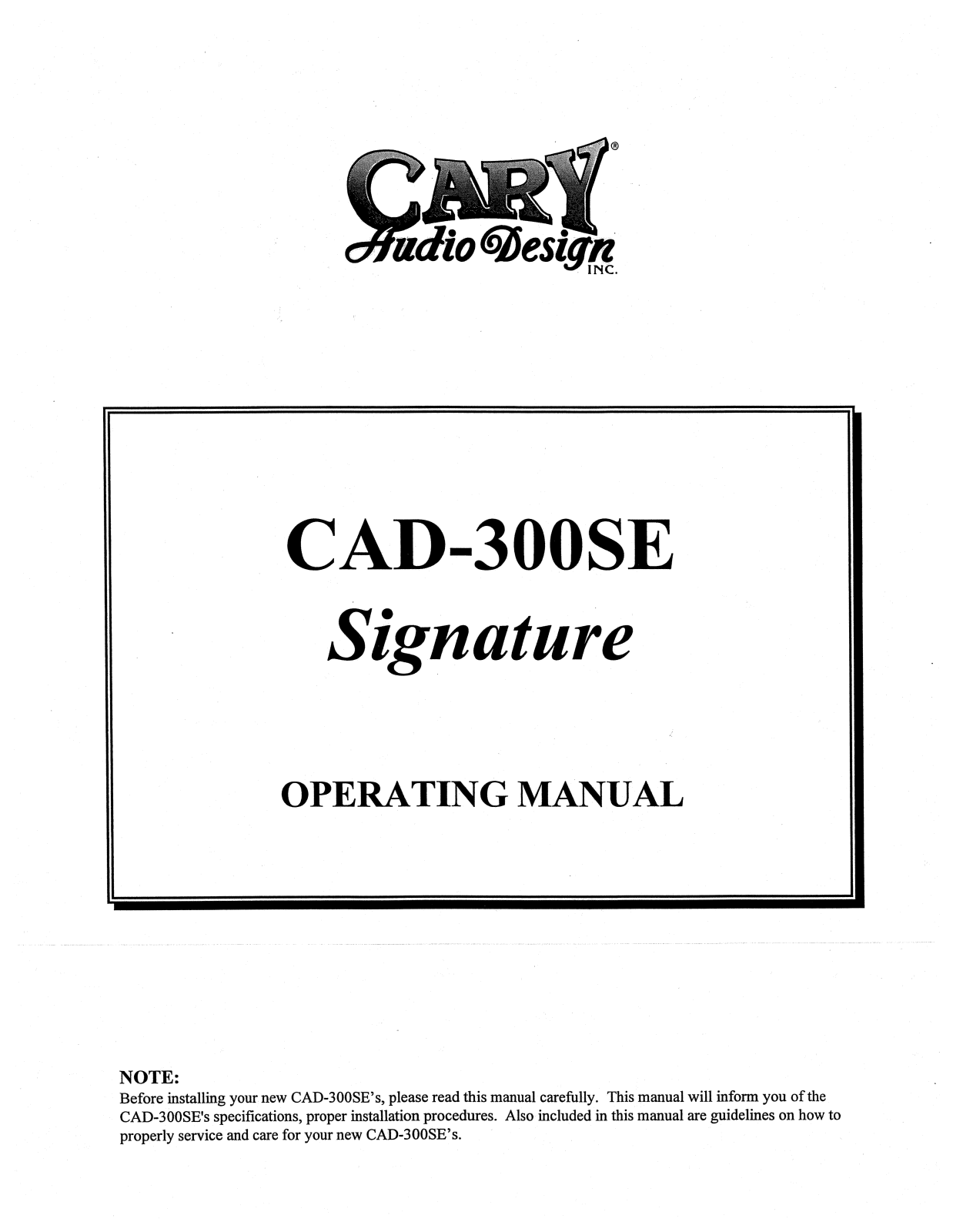 Cary Audio CAD 300SE Signature Owner's Manual