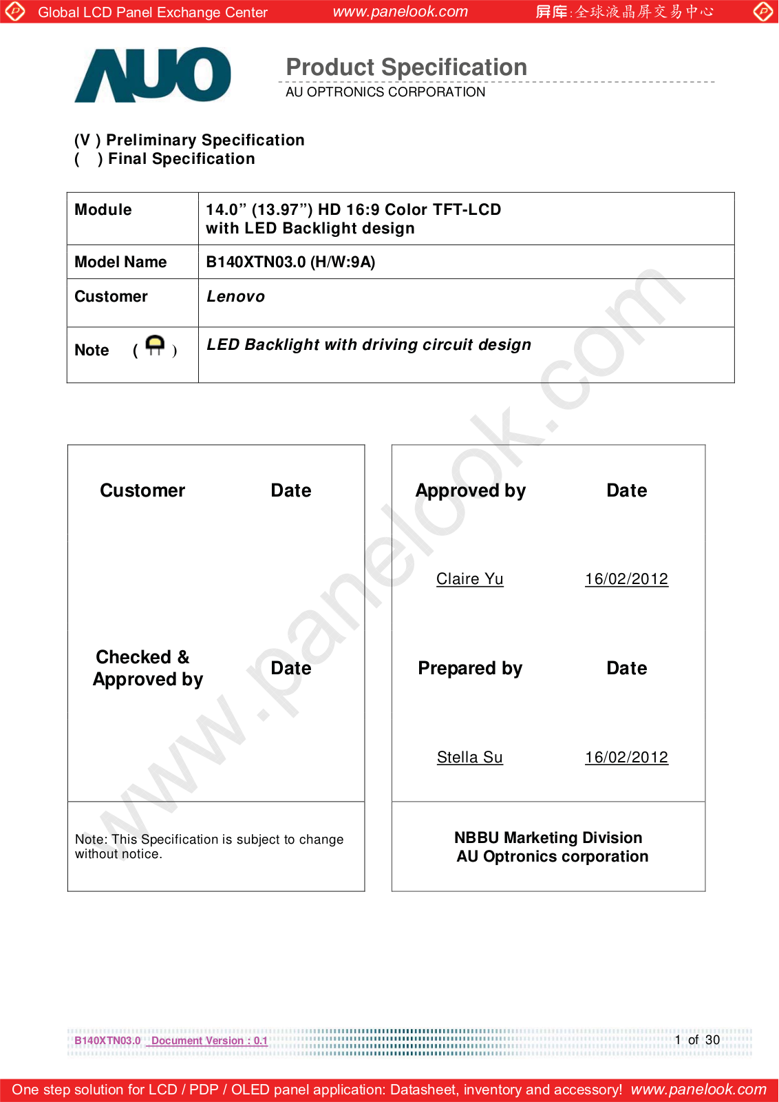 AUO B140XTN03.0 Specification