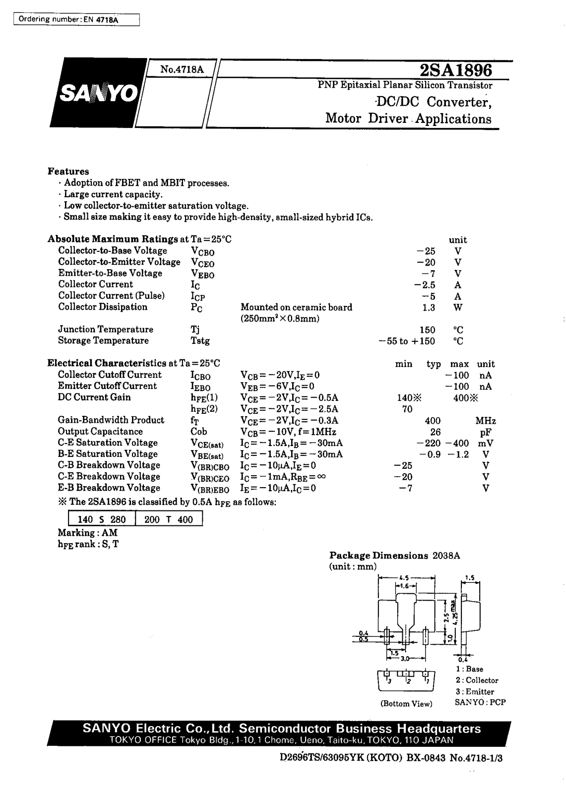 SANYO 2SA1896 Datasheet