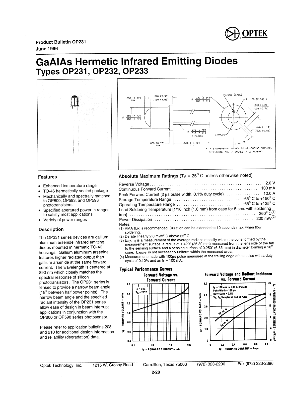 OPTEK OP232, OP231, OP233 Datasheet