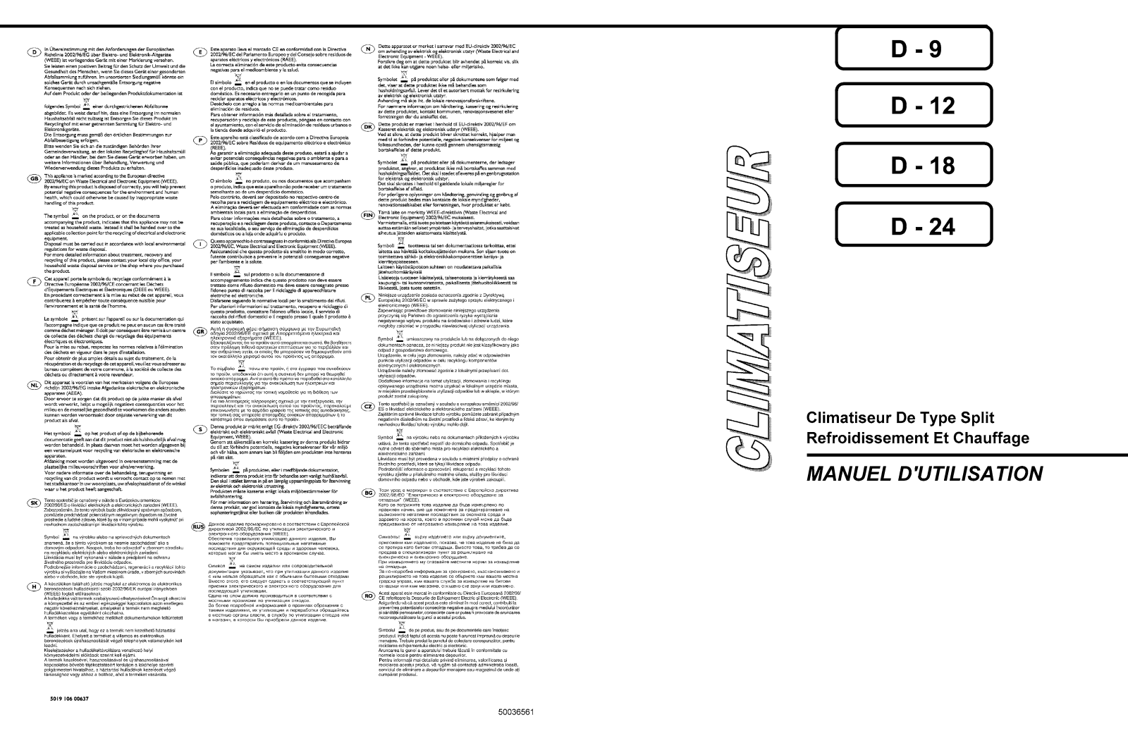 CLIMATISEUR D-9, D-12, D-18, D-24 User Manual