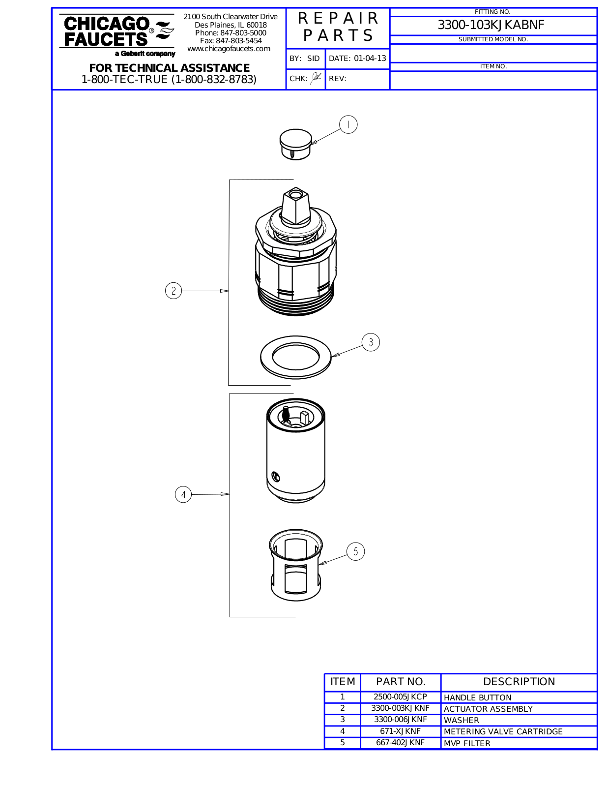 Chicago Faucet 3300-103KJKABNF Parts List