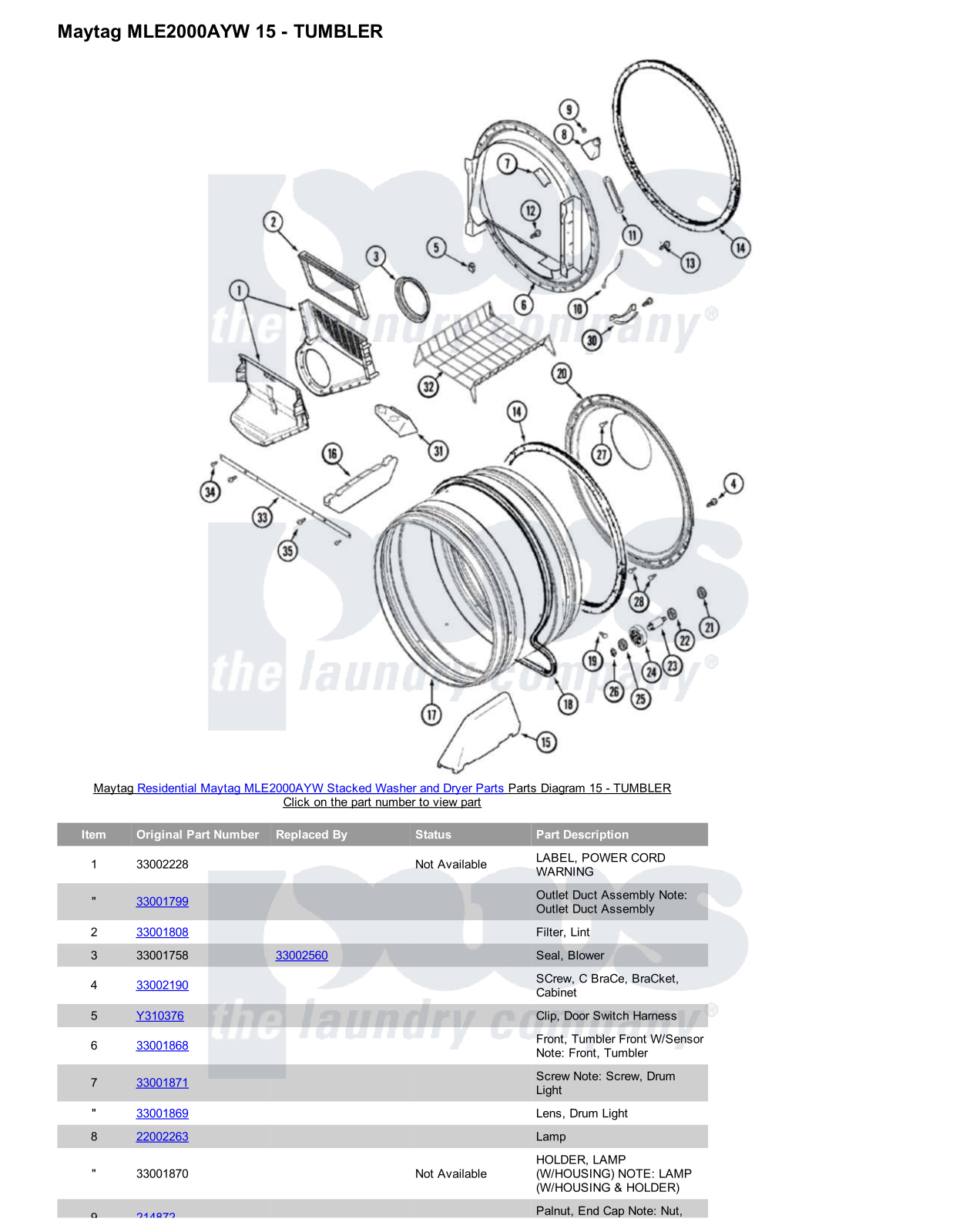 Maytag MLE2000AYW Stacked and Parts Diagram