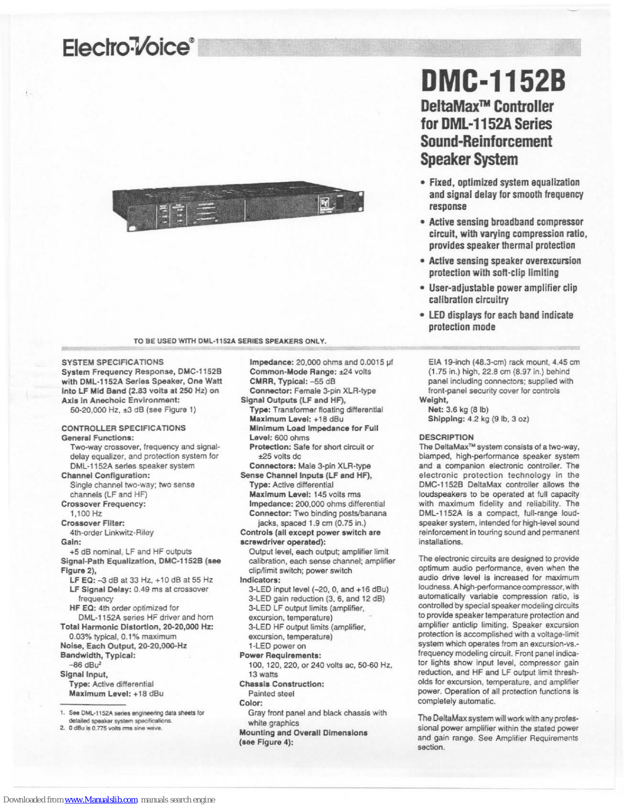 Electro-Voice DeltaMax DMC-1152B Specification Sheet