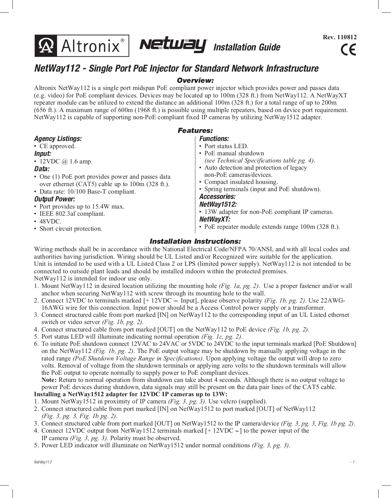 Altronix NetWay112 Specsheet