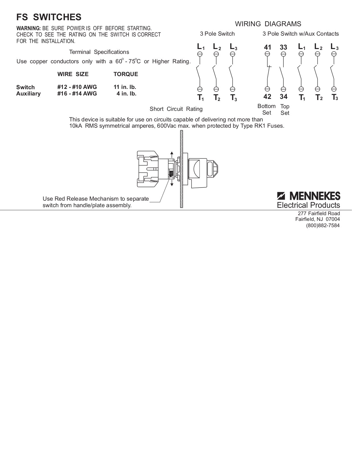 Mennekes Electrical Products FS SWITCHES WIRING DIAGRAM