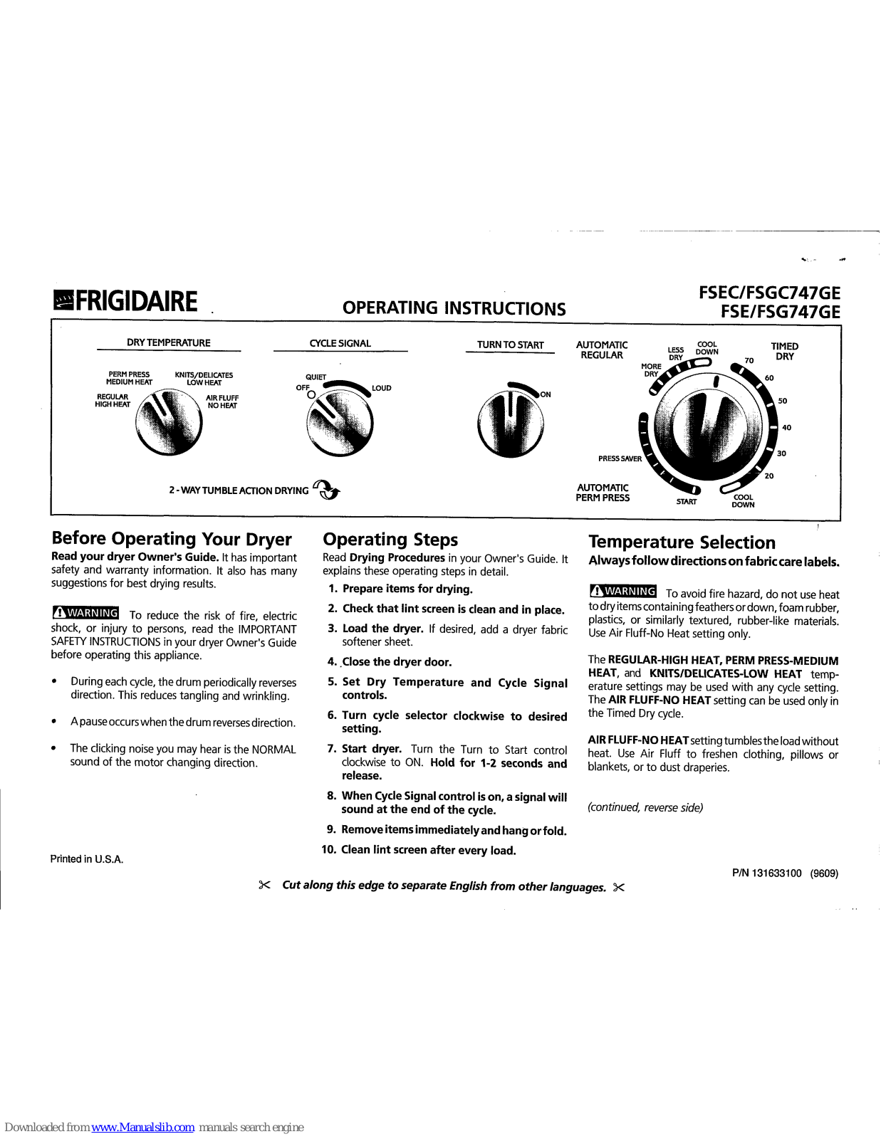 Frigidaire FSE/FSG747GE, FSEC747GE, FSGC747GE, FSG747GE, FSE747GE Operating Instructions Manual