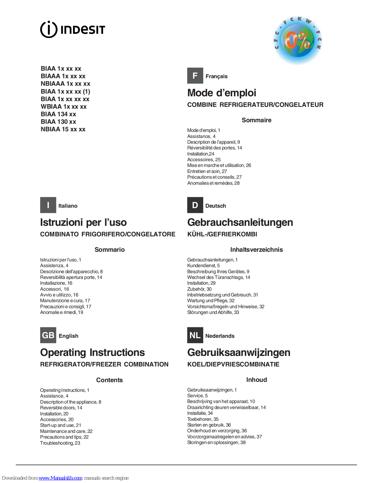 Indesit BIAA 1 series, BIAA 134 series, NBIAAA 1 series, BIAA 130 series, NBIAA 15 series Operating Instructions Manual