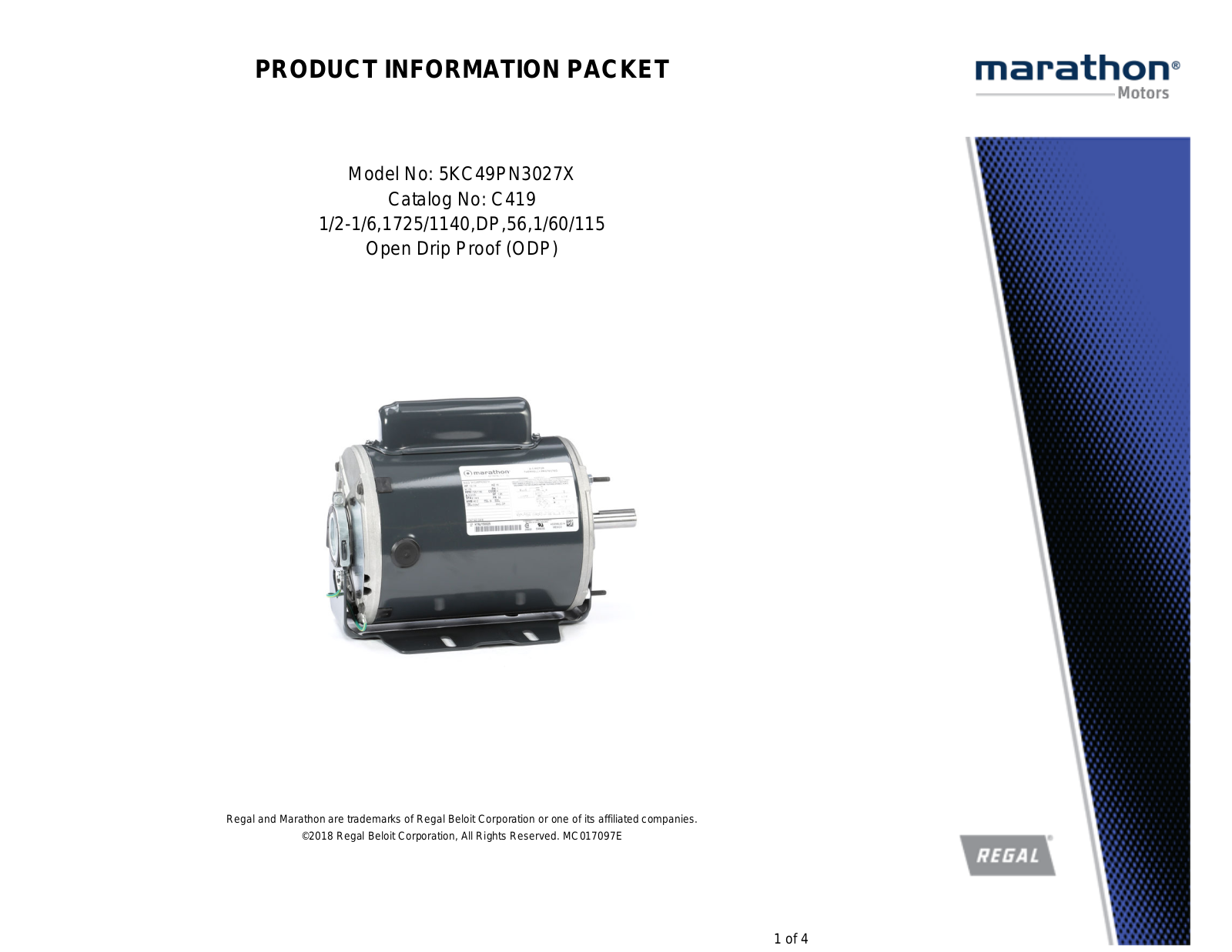 Marathon Electric 5KC49PN3027X Product Information Packet