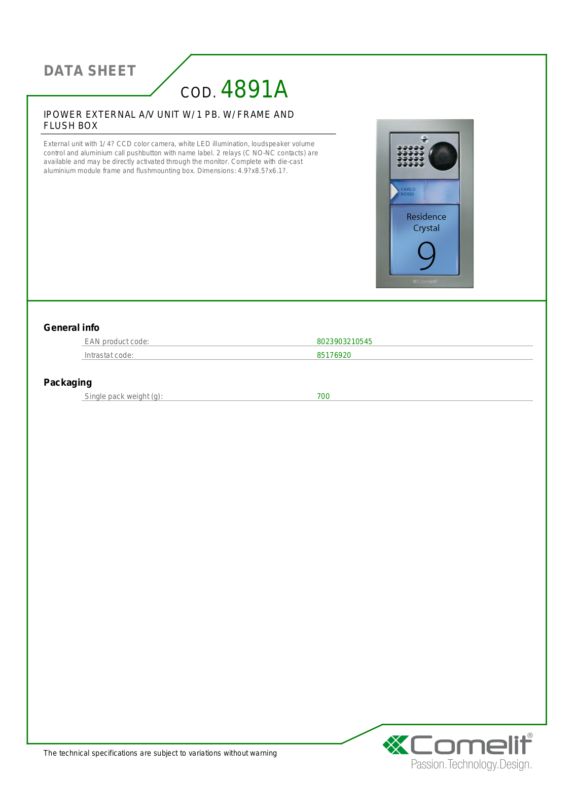 Comelit 4891A Specsheet