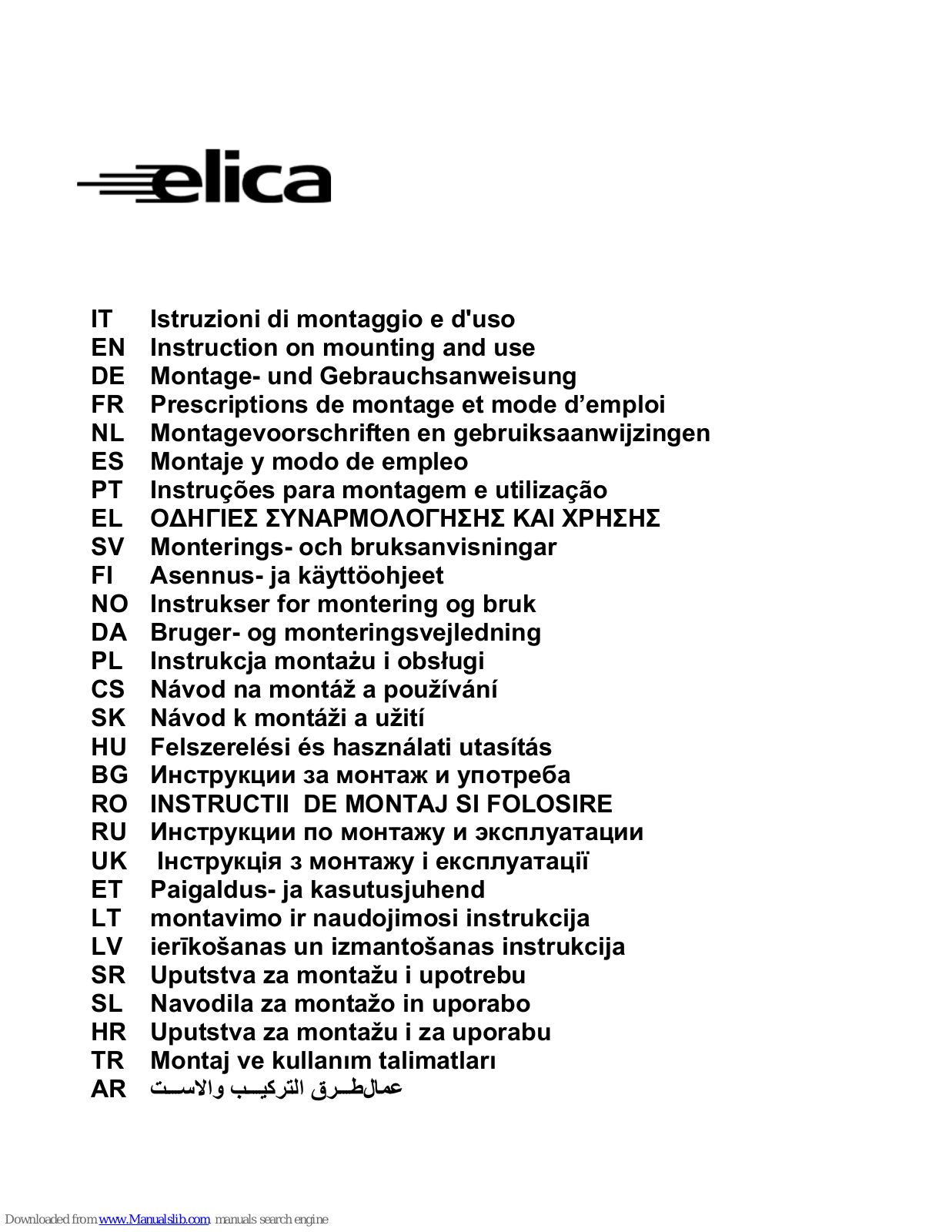 ELICA FS 74710 Shell Instruction On Mounting And Use Manual